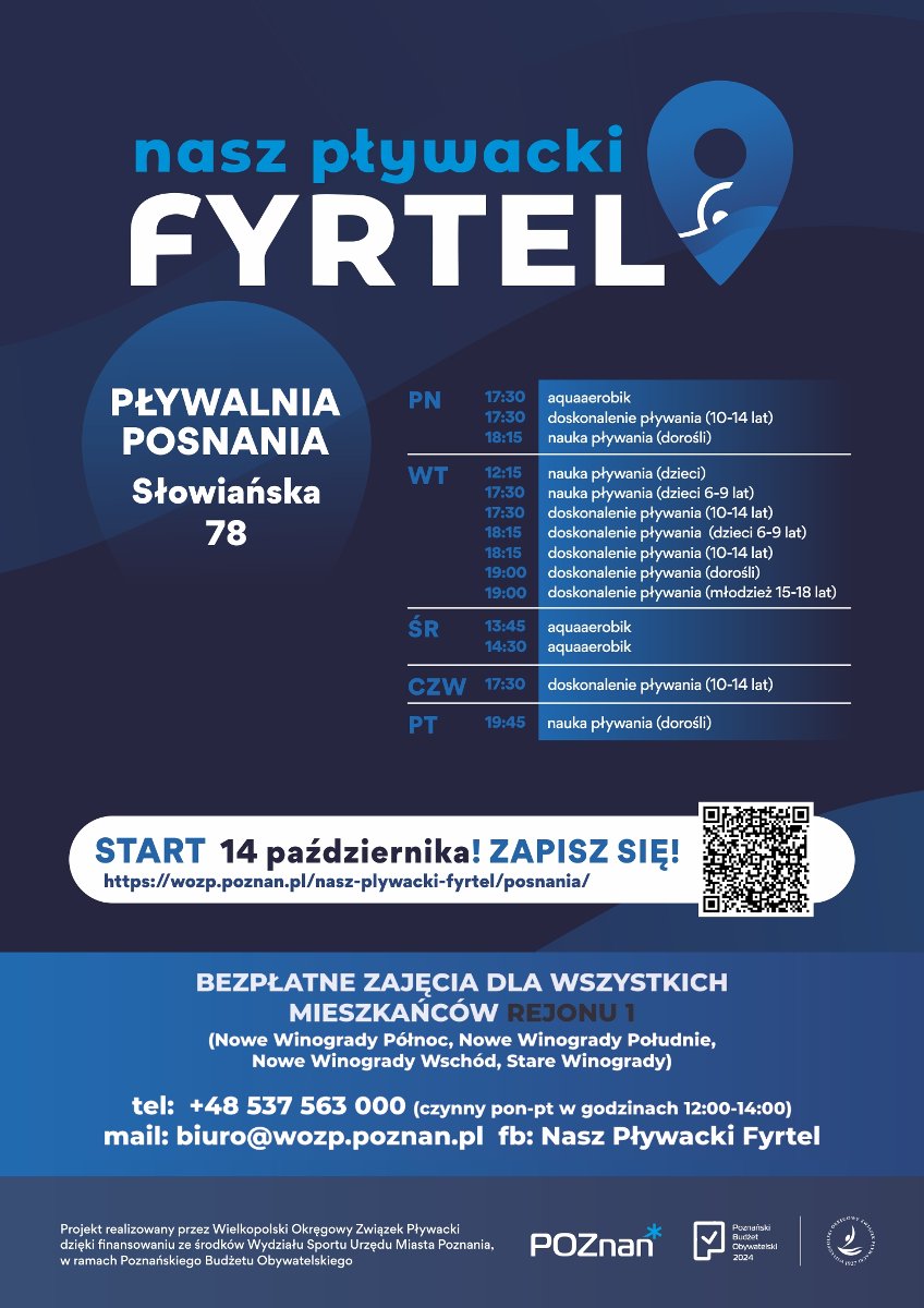 Na plakacie widać harmonogram zajęć oraz QR Code odsyłający do formularza zapisowego na zajęcia. Ponadto widoczne są dane kontaktowe, logo projektu oraz informacja do kogo skierowane są zajęcia.
