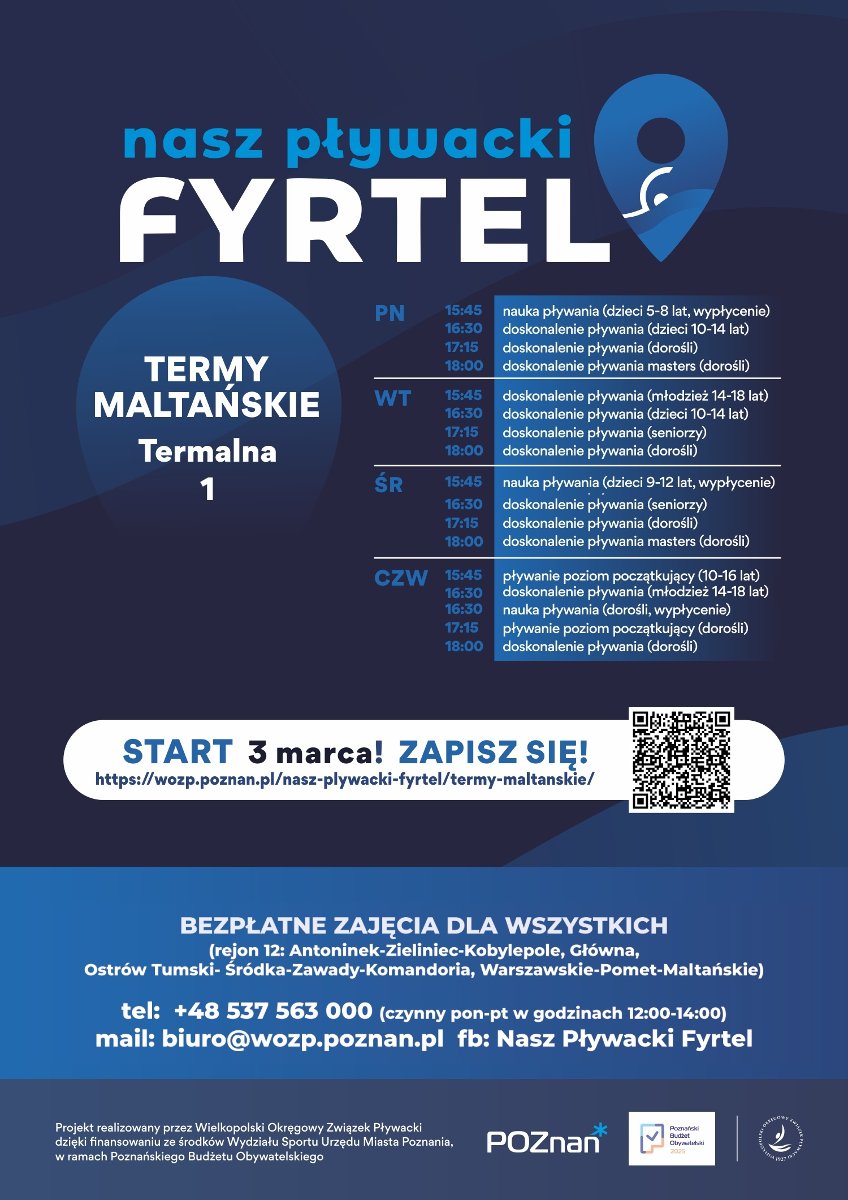 Na plakacie widać harmonogram zajęć oraz QR Code odsyłający do formularza zapisowego na zajęcia. Ponadto widoczne są dane kontaktowe, logo projektu oraz informacja do kogo skierowane są zajęcia.