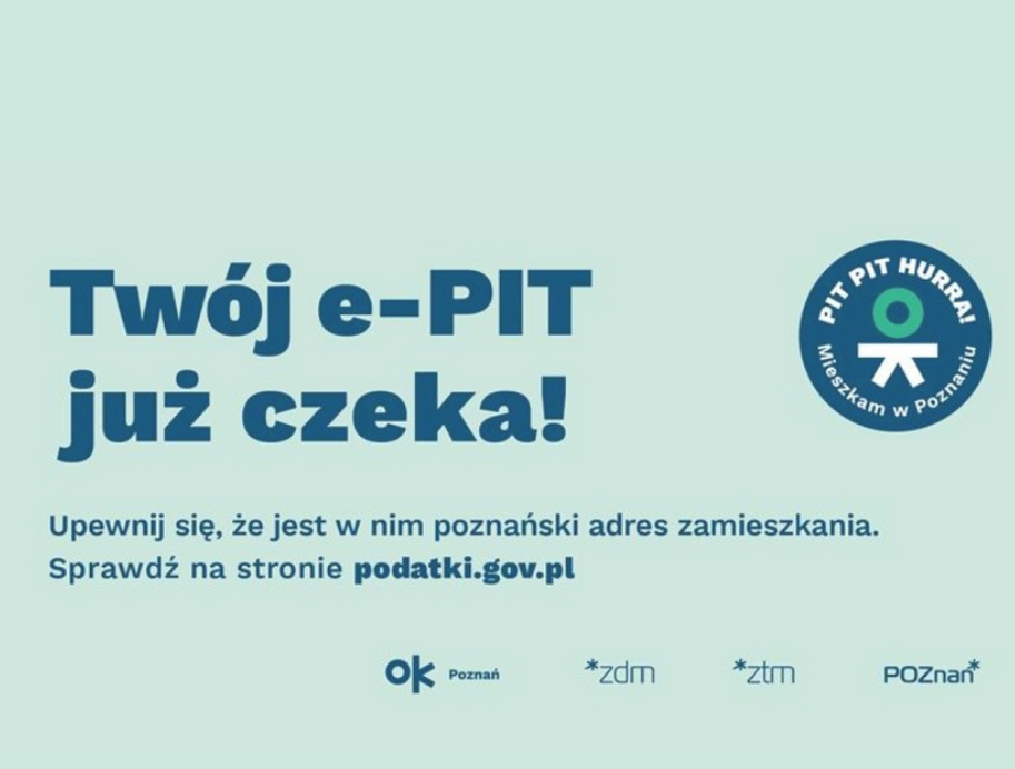 Obraz przedstawia logo programu ok Poznań na jasno zielonym tle wraz z hasłem promującym usługę e-pit