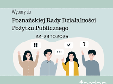 Wybory do PRDPP Obrazek przedstawia 4 osoby dyskutujące, nad ich głowami dodane są dymki i znaki "!!", "...", "?", na grafice znajduje się napis: Wybory do Poznańskiej Rady Działalności Pożytku Publicznego nabór kandydatek i kandydatów 25.09-9.10.2025.