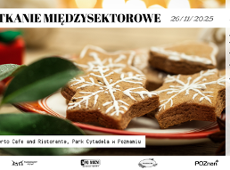 Obrazek przedstawia leżące na czerwono-białym talerzyku, udekorowane lukrem, pierniczki-gwiadki. Na grafice zamieszczono napisy: Spotklanie Międzysektorowe 26/11/2025, Zapraszamy na spotkanie sieciujace: NGO x Biznes x Jednostki miejskie, Umberto Cafe and Ristorante, Park Cytadela w Poznaniu.