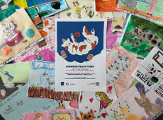 Obrazek przedstawia plakat konkursowy na tle prac wykonanych przez uczestników konkursu