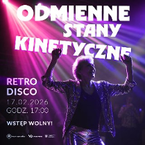Kobieta z rękoma uniesionymi ku górze w brokatowej marynarce, oświetlona różowym światłem. Nad nią napis Odmienne Stany Kinetyczne, retro disco, 17.02.2026, godz. 17:00. Wstęp wolny.