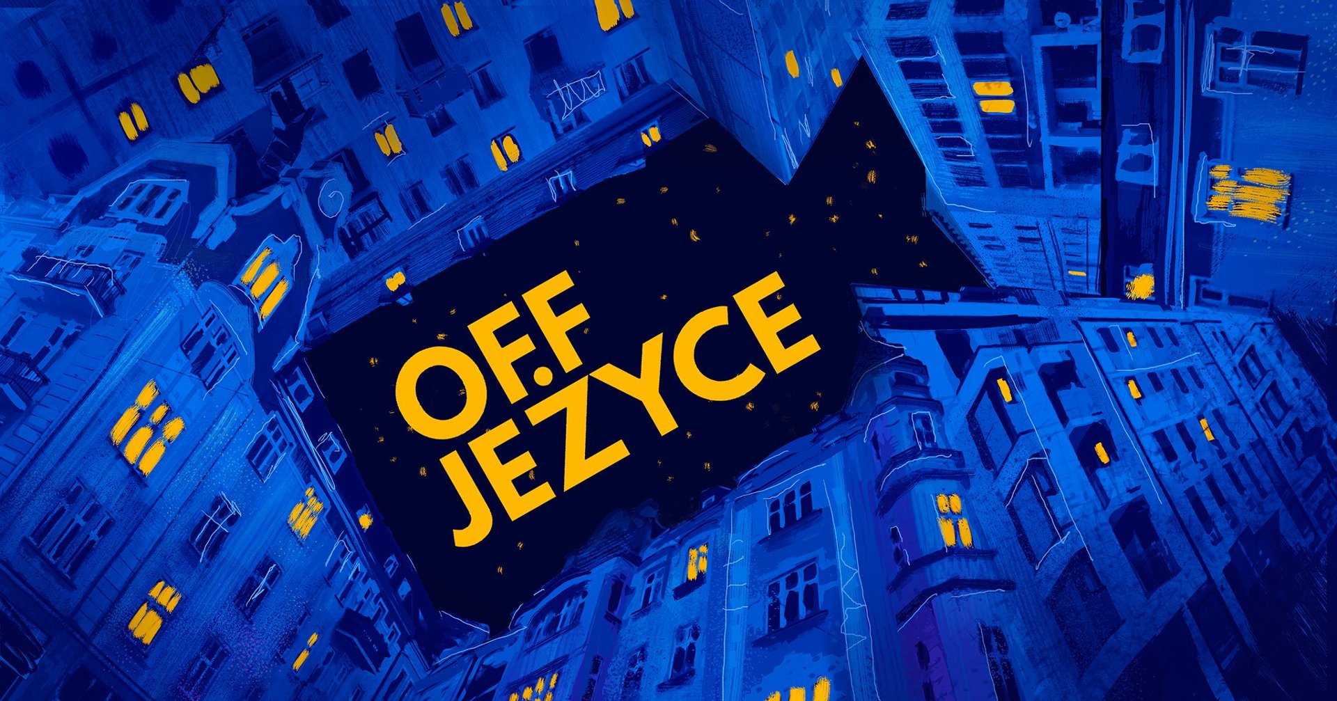 Ilustraca przedstawia jeżyckie kamienice nocą. W niektórych oknach świeci się żółte światło. Widok jest skierowany w stronę rozgwieżdżonego nieba, na którym żółtym kolorem napisano: "OFF Jeżyce".