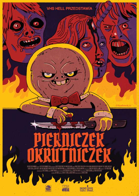 Plakat filmu o tytule pierniczek okrutniczek, na którym złowieszczo uśmiechający się, antropomorficzny piernik wyciera nóż swoją dłonią, na tle płomieni i przerażonych twarzy.