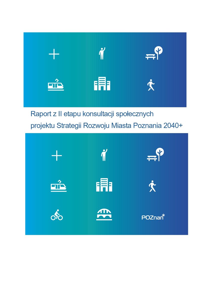 Pierwsza strona Raportu z II etapu konsultacji społecznych projektu Strategii Rozwoju Miasta Poznania 2040+