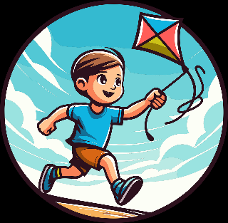 Grafika chłopca biegnącego z latawcem w ręce.