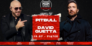 Plakat imprezy tanecznej ze zdjęciem dwóch mężczyzn, pomiedzy którymi znajduje się czerwony prostokąt z napisami Pitbull David Guetta, 19.07 piątek. Na górze plakatu logo klubu HAH, na dole czerwony pasek.
