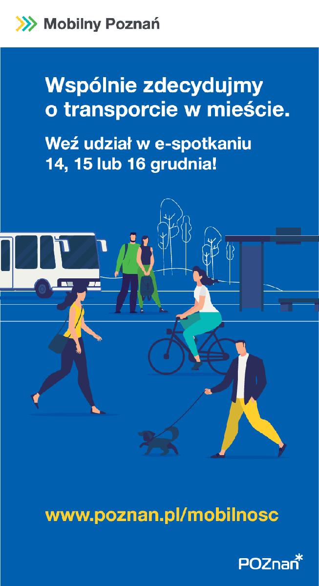 plakat, elementy graficzne mobilności miejskiej, rowerzysta, piesi, autobus, przystanek oraz informacja o e-spotkaniach 14, 15, 16 grudnia 2020 roku