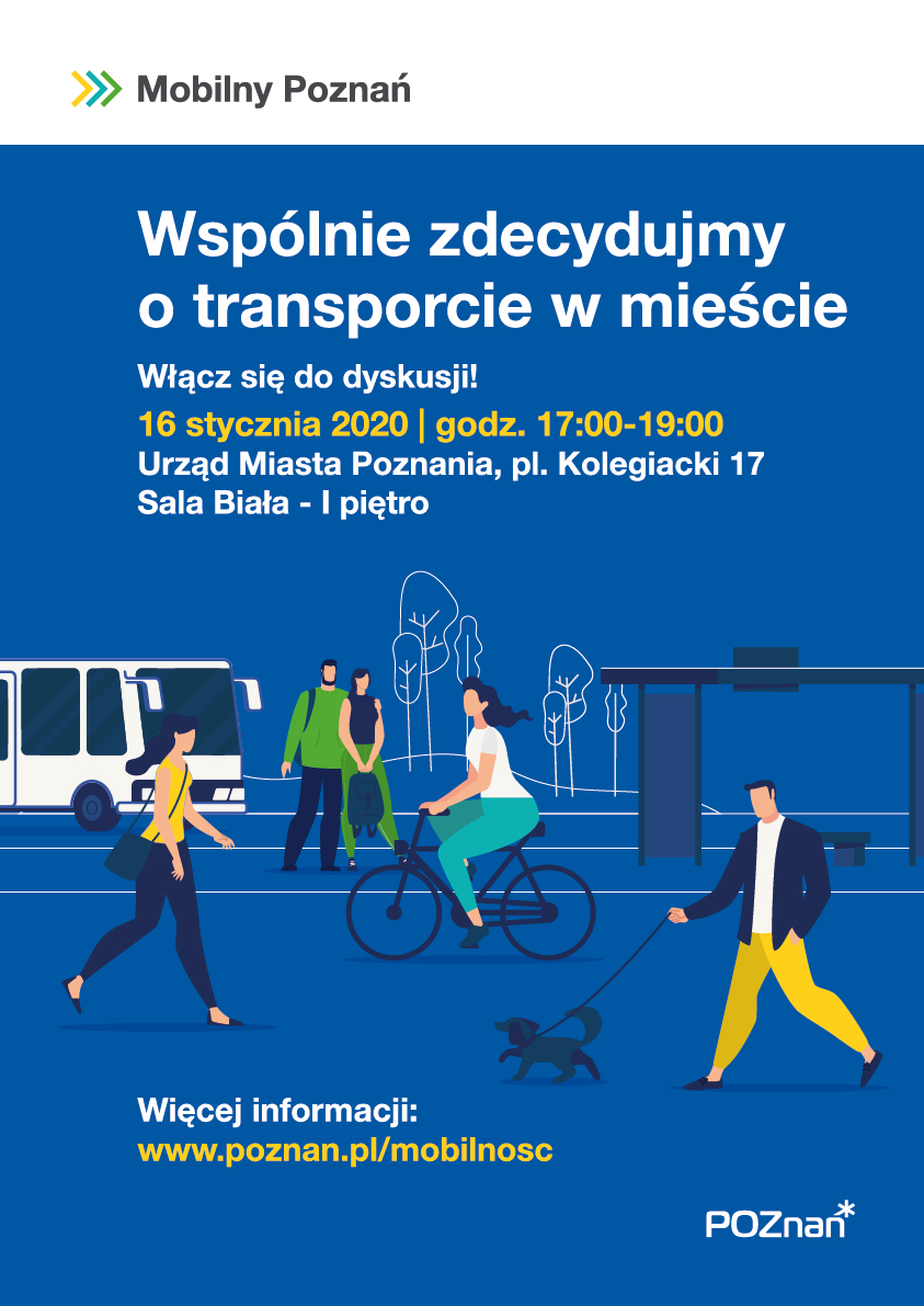 plakat, elementy graficzne mobilności miejskiej, rowerzysta, piesi, autobus, przystanek