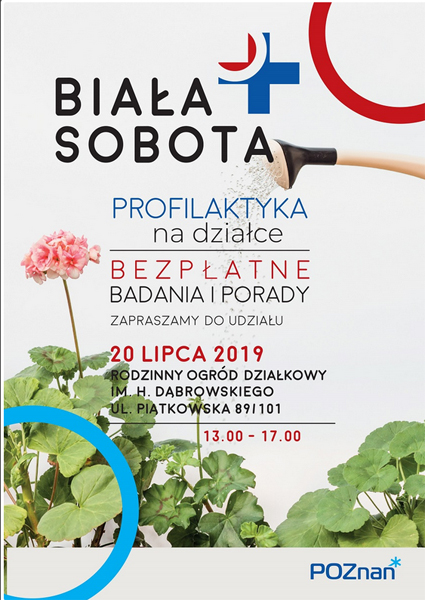 Po lewej stronie rózowa pelargonia, na srodku informacje o wydarzeniu, na górze woda z konewki leci w kierunku pelargonii