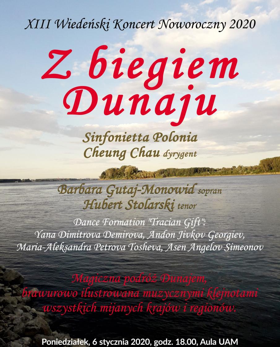 Plakat: Dunaj, na tle wody napisy.