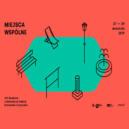 Plakat wydarzenia, zielony pas symbolizujący plac i czerwone tło