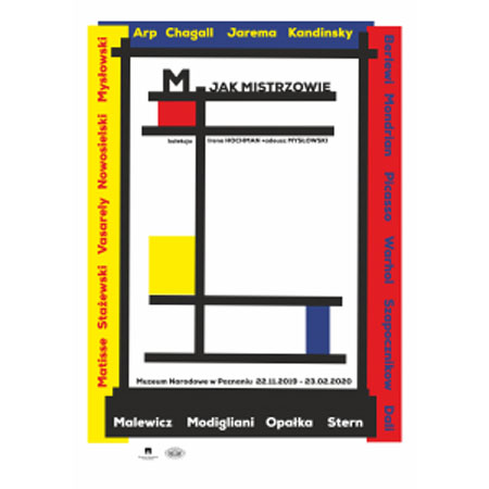 Plakat wydarzenia: po bokach pasek zółty i czerwony, w środku jedna kreska pionowa po lewej stronie i dwie poziome na górze i dwie poziome na dole. Coś na kształt półek. Nad górną półk napis.