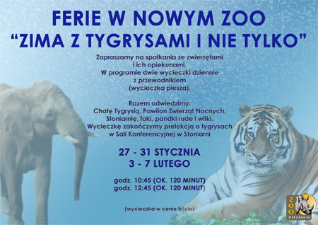 Plakat wydarzenia: Na niebieskim tle: po lewej - słoń, po prawej - tygrys, w środku tekst.