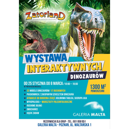 Plakat wydarzenia: Na górze 2 dinozaury z otwartymi paszczami na tle zieleni. Na dole napisy.