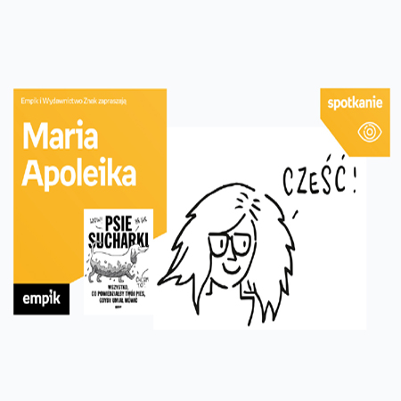 Grafika przedstawiająca głowę kobiecą, po lewej okładka książki, białe napisy na pomarańczowym tle