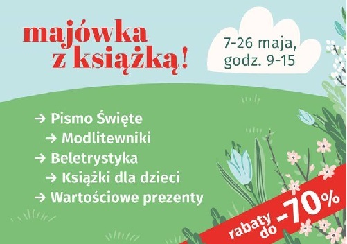 Na górze niebieskie niebo, na dole zielona trawa, w rogu po prawej kwiaty. Tekst na całym plakacie.