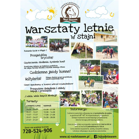 Na niebieskim tle zdjęcia dzieci z końmi, grupowe dzieci oraz napisy. Na dole napisy na zielonym tle.