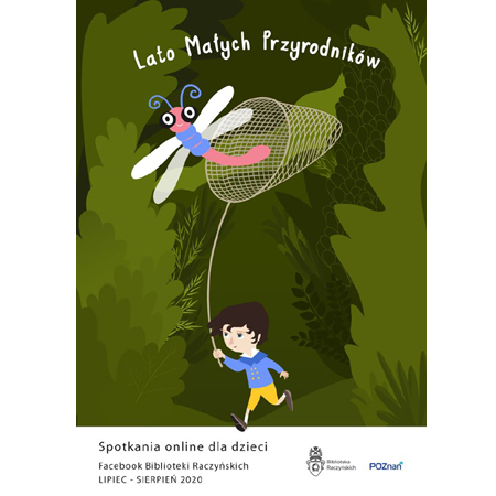 Plakat wydarzenia - chłopiec z latawcem na zielonym tle, napis "lato małych przyrodników"