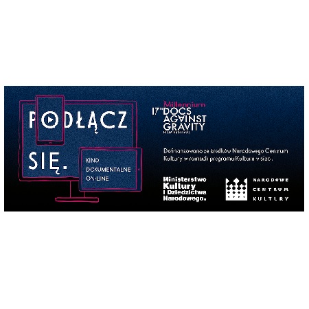 Na granatowym tle monitor komputera z napisem "Podłącz się". Po prawej wymienieni sponsorzy.