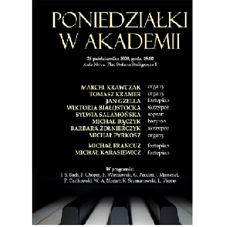 Na czarnym tle napisy. Na dole kilka klawiszy fortepianowych.