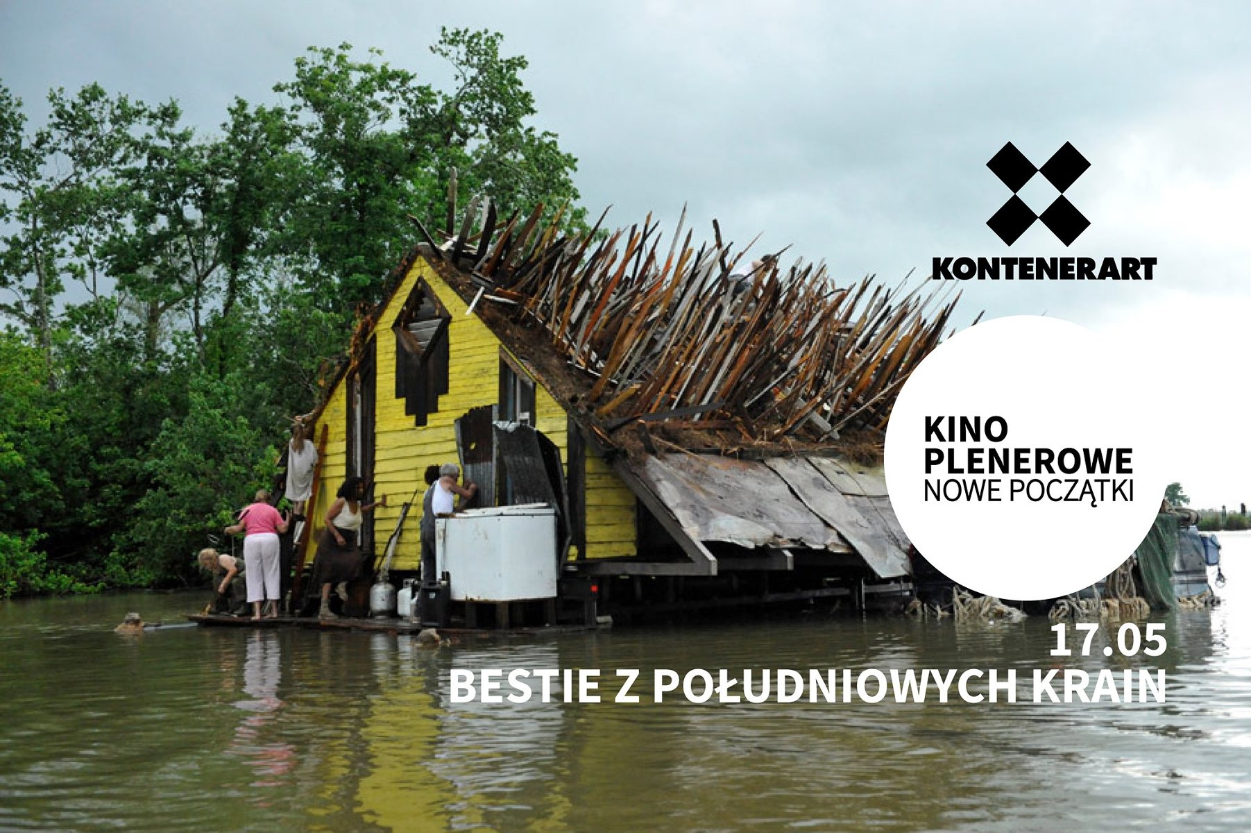 Żółty dom na wodzie, kilka osób stojących obok. Z dachu wychodzą kolce. Napis "Bestie z południowych krain"