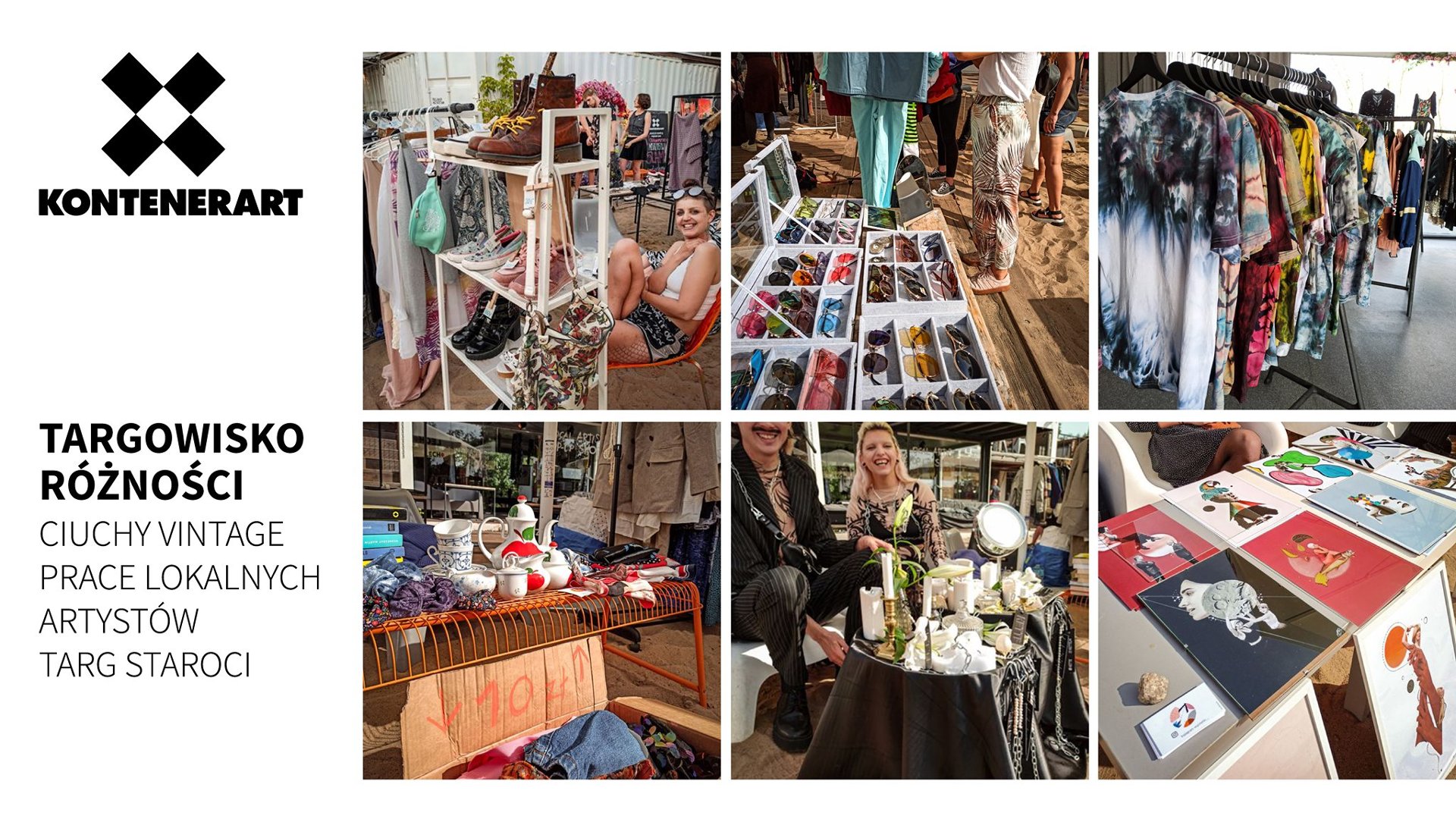Stanowiska z okularami, koszulkami, plakatami, obok uśmiechnieci wystawcy. Napis "Targowisko różności ciuchy vintage, prace lokalnych artystów, targ staroci".