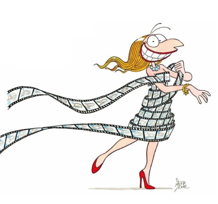 Ilustracja przestawia kobietę owiniętą taśmą filmową.