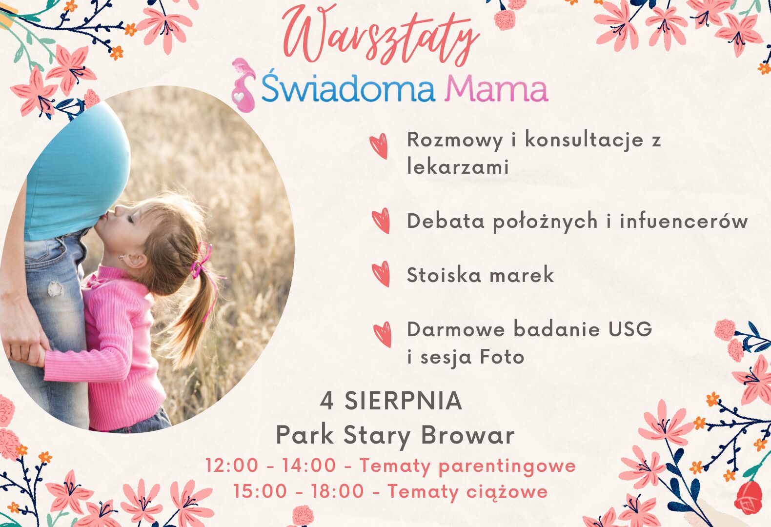 Dziewczynka całuje ciężarną mamę w brzuch.