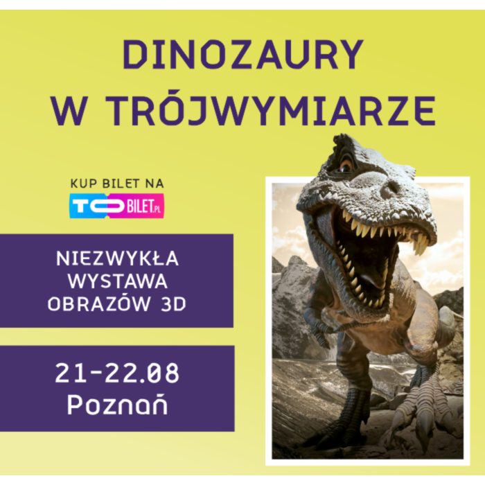 Dinozaur wychodzi z ramki zdjęcia, obok napis Dinozaury w trójwymiarze.