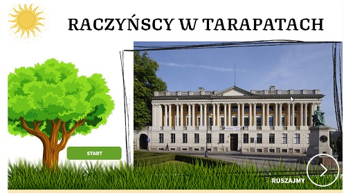 Biblioteka Raczyńskich. Na górze napis: W tarapatach.