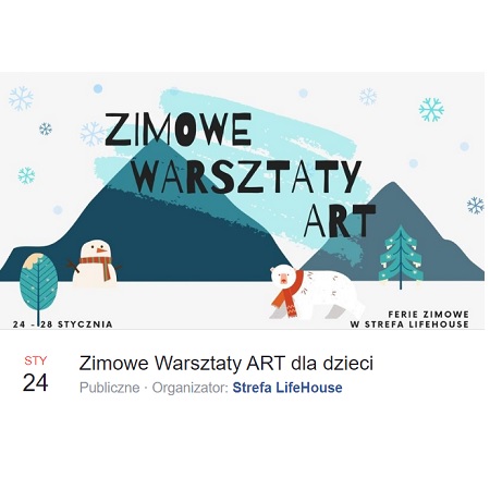 Bałwan i miś polarny w szalikach na tle gór. Tytuł i miejsce wydarzenia.