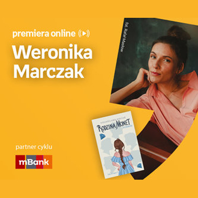 Plakat ze zdjęciem pisarki i okładką książki w prawej części. W części lewej u góry białe napisy na pomarańczowym tle.