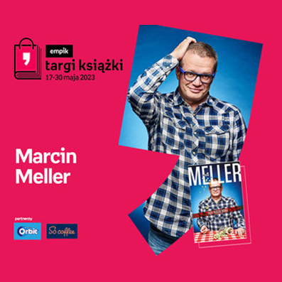 Plakat ze zdjęciem Marcina Mellera i okładką książki w prawej części. W części lewej imię i nazwisko na różowym tle.