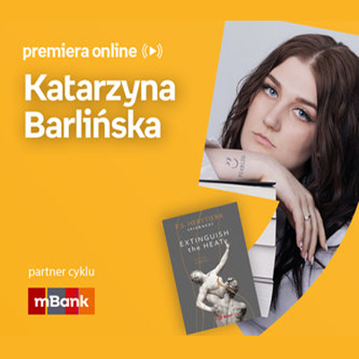 Plakat ze zdjęciem autorki i okładką książki w prawej części. W części lewej imię i nazwisko na pomarańczowym tle.