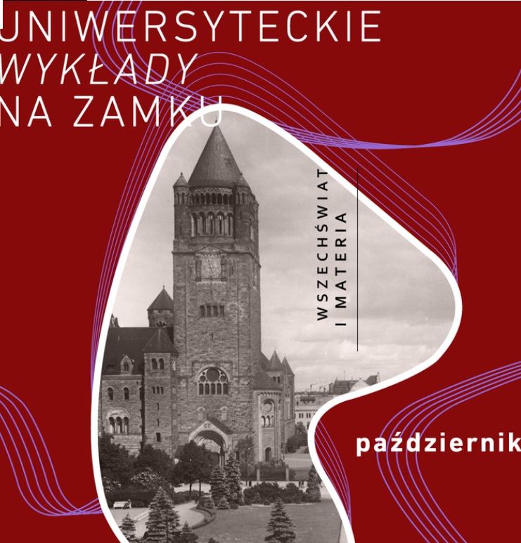 Grafika przedstawia czarno-białe zdjęcie Zamku na bordowym tle. Obok różowe cienkie falujące linie.