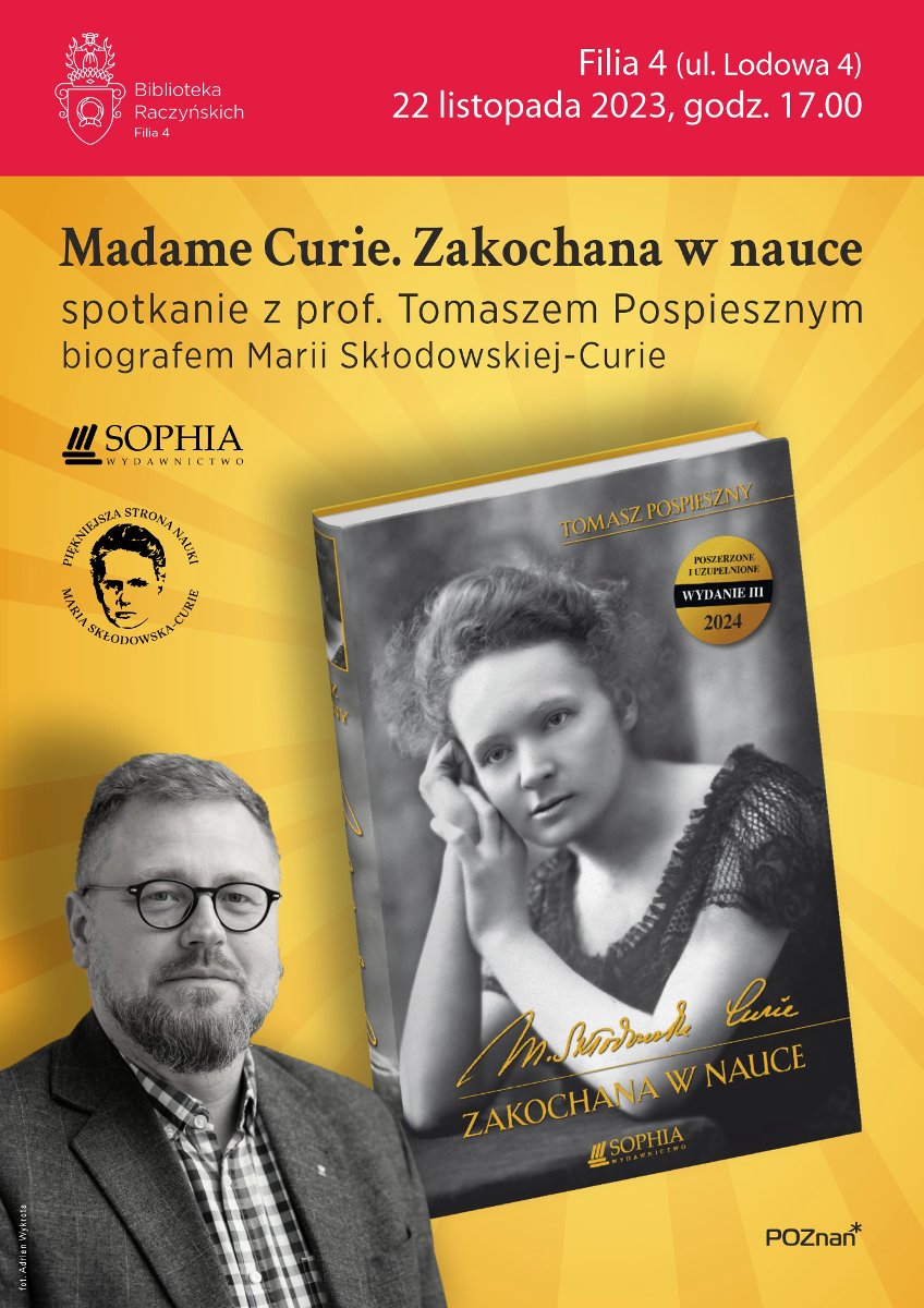 fotografia autora książki, Tomasza Pospiesznego, po prawej stronie i nieco powyżej okładka książki z czarno-białą fotografią młodej noblistki w czarnej sukni z koronkowymi rękawami
