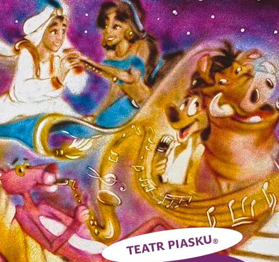 zdjecie przedstawiające postacie z bajek namalowane piaskiem z dodatkiem kolorów