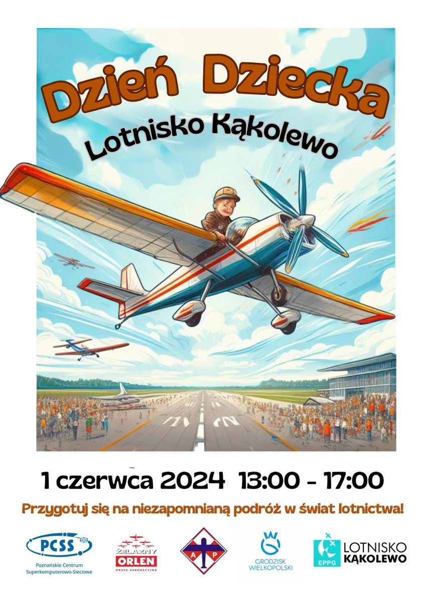 rysunek chlopca w samolocie na tle blekitnego nieba i pasa startowego