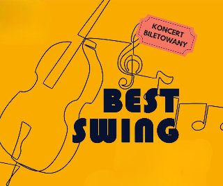 Czarny napis "Best Swing" na pomarańczowym tle. Po lewej kontrabas, od którego odchodzi klucz wiolinowy.