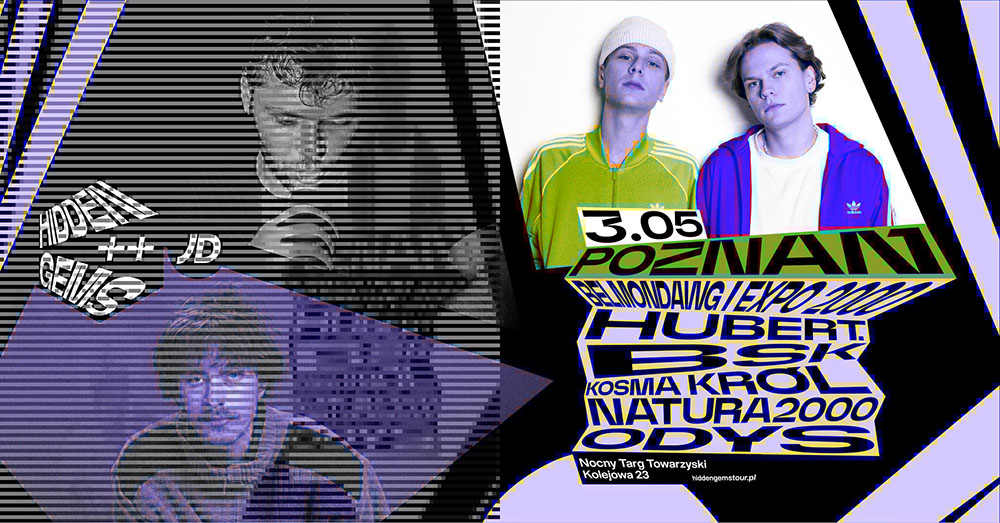 Plakat ze zdjęciami wykonawców, w części lewej nachodzą na nie czarne poziome paski. Po prawej czarne napisy informujące o wydarzeniu