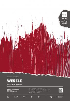 Plakat: abstrakcyjny rysunek - pionowe, nieregularne, bordowe kreski na białym tle. U dołu plakatu informacje o spektaklu.