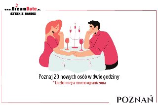 Plakat przedstawia obrazek dwóch osób- mężczyzny i kobiety siedzących przy stoliku restauracyjnym.