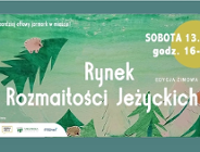 Plakat informujący o wydarzeniu "Rynek Rozmaitości Językowych Edycja Zimowa", które odbędzie się w sobotę 13 grudnia w godzinach 16-22. Wszystkie informacje o wydarzeniu znajdują się w artykule. Grafika w tle przedstawia zielone drzewa iglaste z trzema małymi, różowymi jeżami.