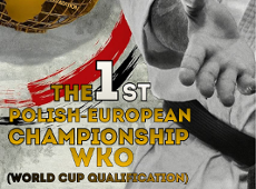 Plakat Mistrzostw Europy w Karate Kyokushin - na pierwszym planie złoto-biała nazwa zawodów po angielsku i japońsku. W tle sylwetka zawodnika w białym stroju karate z czarnym pasem. Na dole informacje organizacyjne na temat terminu i lokalizacji, dane kontaktowe oraz logotypy sponsorów i partnerów