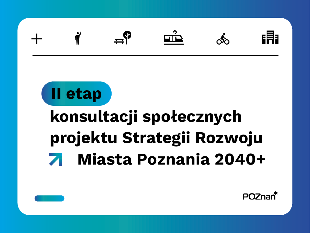 Plakat na białym tle, ciemny napis o II etapie konsultacji społecznych. Na górze rysunku 6 ciemnych ikon: znak plusa, ludzik z podniesioną ręką, ławka a obok niej drzewo, tramwaj, ludzik na rowerze, budynki