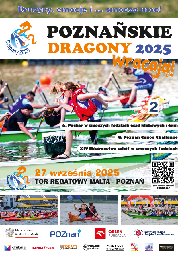 Plakat "Poznańskich Dragonów 2025" - na plakacie nazwy imprez, termin i lokalizacja, a w tle zdjęcie z rywalizacji na smoczych łodziach