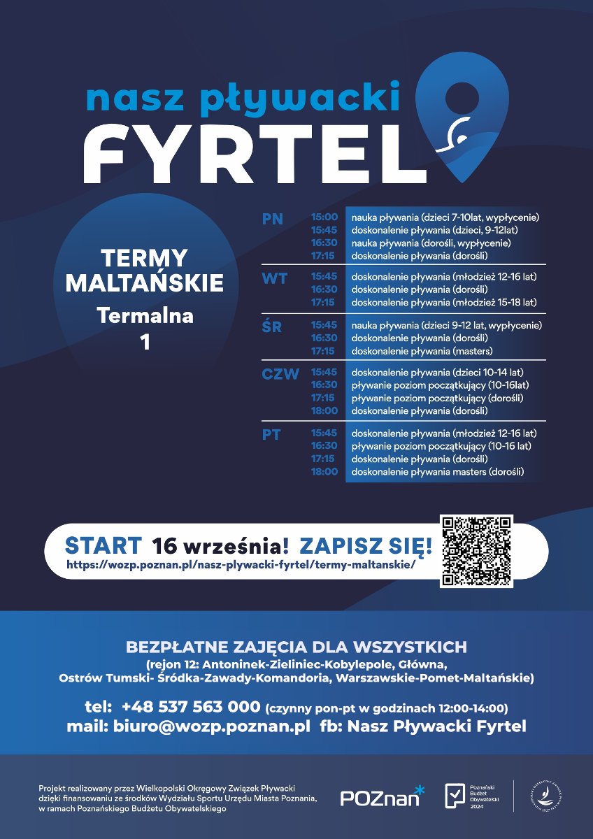 Na plakacie widnieje grafik zajęć projektu Nasz Pływacki Fyrtel odbywającego się na Termach, kod QR, link do strony oraz dane kontaktowe.