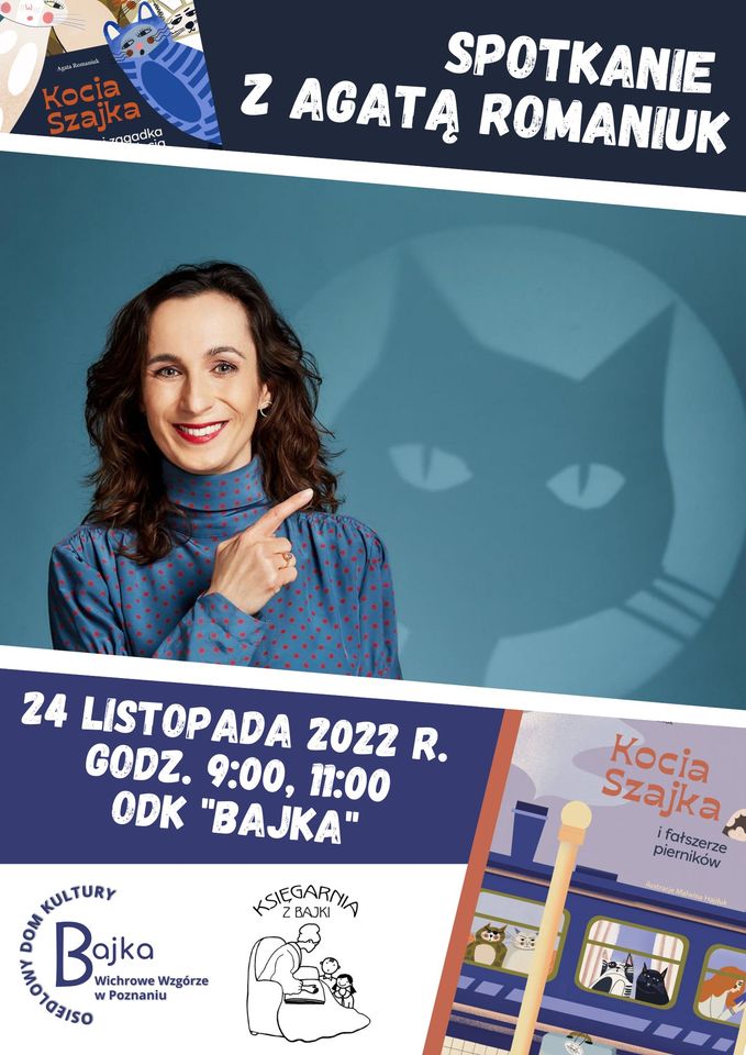 Po lewej uśmiechnięta brunetka wskazująca na grafike kota za nią. Na dole informacje o wydarzeniu.